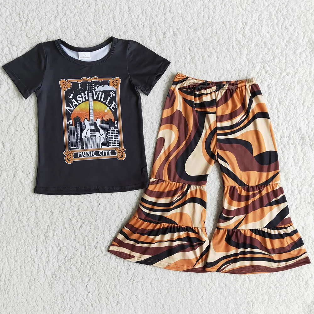 

Toddler Baby Girls Clothes Short Sleeve Tiger Print Bell Bottom Outfits High Quality Hot Sale Kids Clothes Girls Sets Wholesale