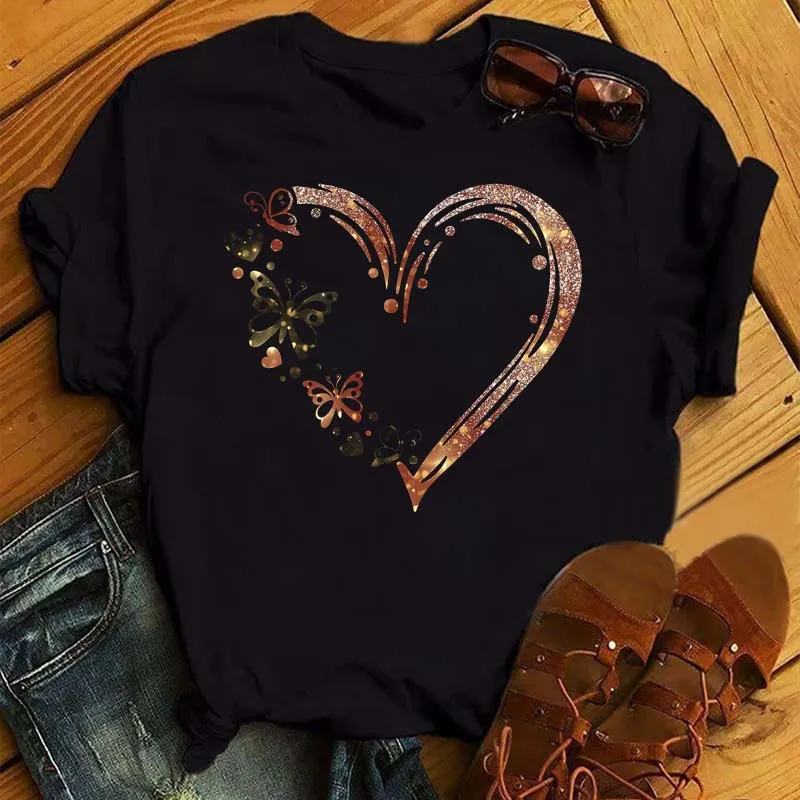 Watercolor Butterfly Heart Printed T Shirt New Women Black T Shirt Harajuku Cute Graphic Tee Shirt Ladies Casual Female Tops Tee