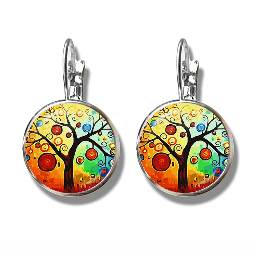 New Arrival Colorful House and Tree Women Stud Earring Abstract Oil Painting House 16mm Glass Cabochon Womens Earrings Jewelry