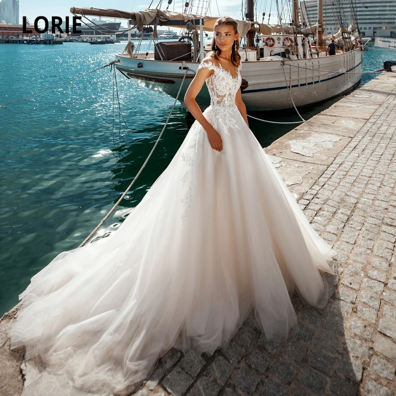 LORIE Vintage Wedding Dresses 2021 O-Neck Appliques Lace Cap Sleeves Beach Wedding Gown Bride Dress Long Train abito da sposa