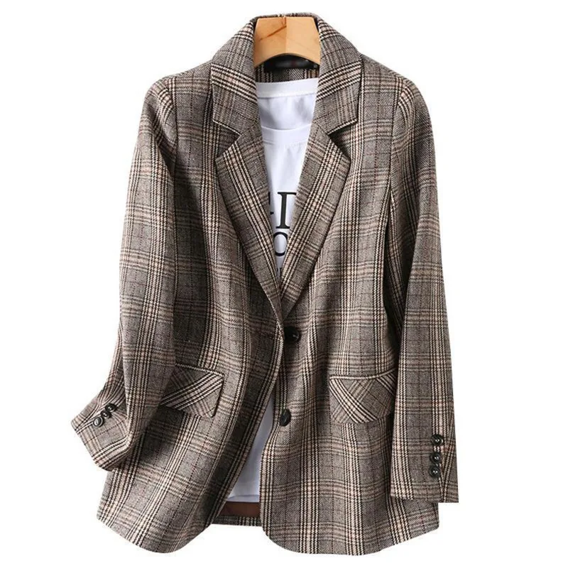 PEONFLY Vintage Single Breasted Office Ladies Plaid Blazer Long Sleeve Loose Plaid Coat Jacket Women Blazers Female 2022