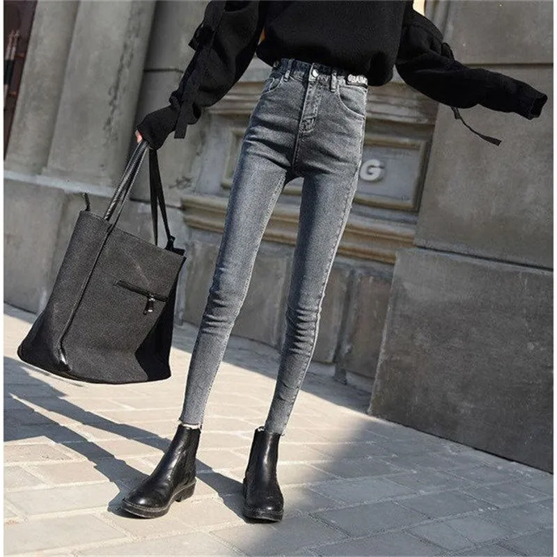 Mom High Waist Plus Size Pencil Jeans Women Skinny Black Gray Stretch Denim Pants Ladies Fashion Leather Belt mujer Streetwear