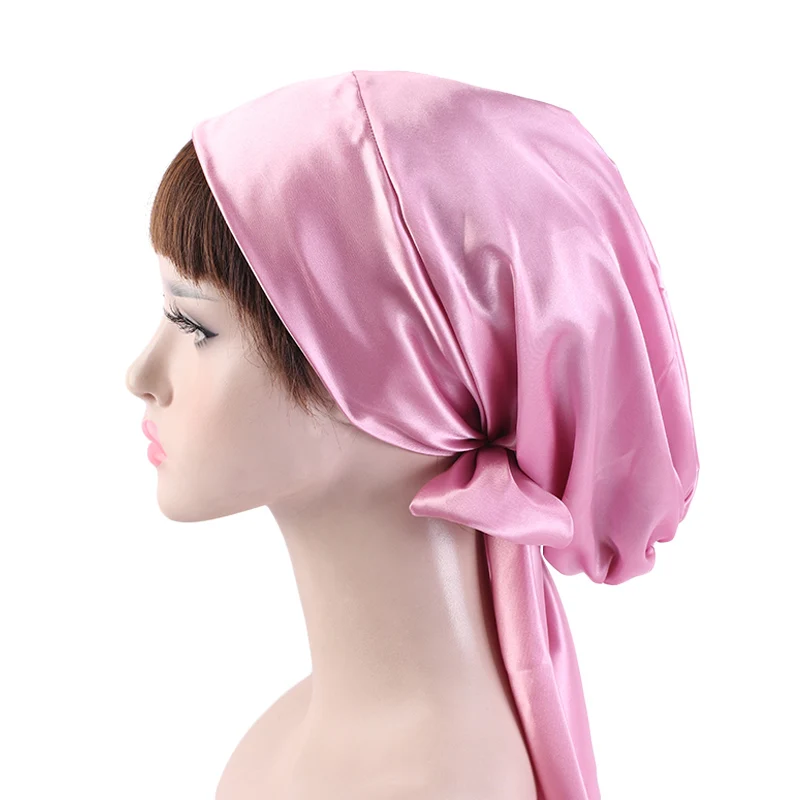 New Women silky satin night sleeping cap head wrap Bowknot Turban Pre Tied Fitted Bandana Chemo cap Nightcap hair loss patients