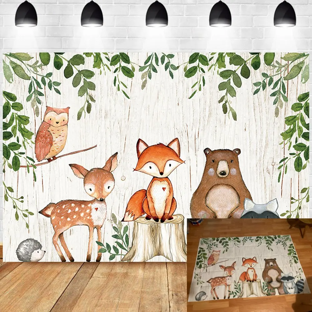 

Animals Newborn Baby Shower Photo Backdrop Woodland Birthday Party Decoration Banner Fox Bear Background For Photography Studio