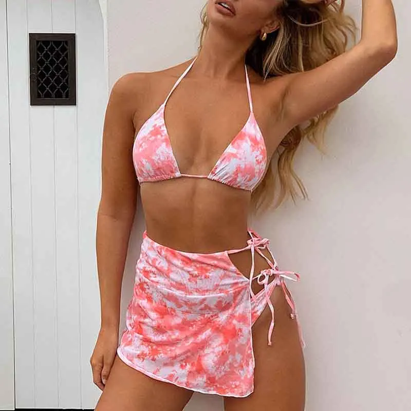 Damski Neon Tie Dye zestaw Bikini strój kąpielowy strój kąpielowy biustonosz plażowy zestaw błyszczące różowe ubrania 3 szt