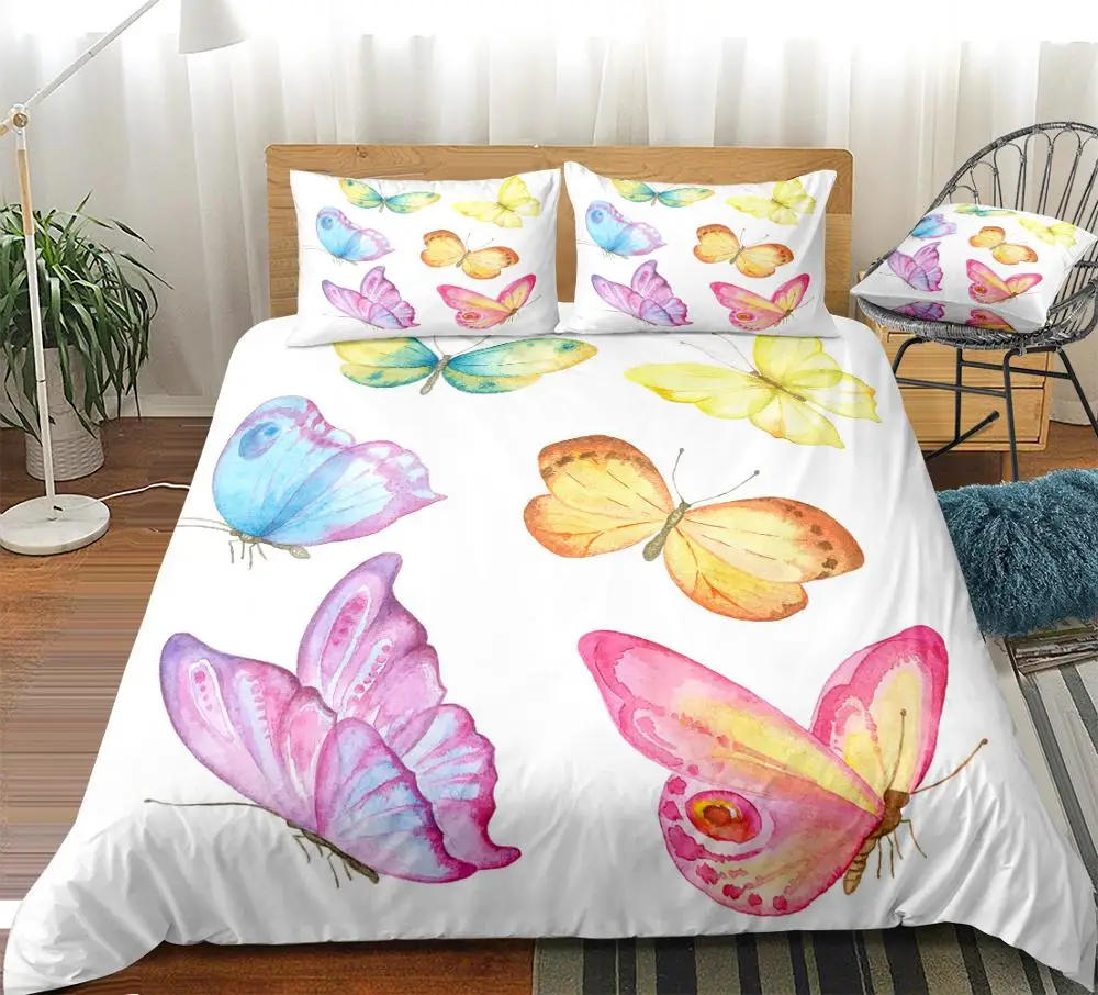 Butterfly Bedding Set 3 Pieces Duvet Cover Set  Boy Girls Bed Linen Colorful Butterfly Bedclothes White Microfiber Home Textile