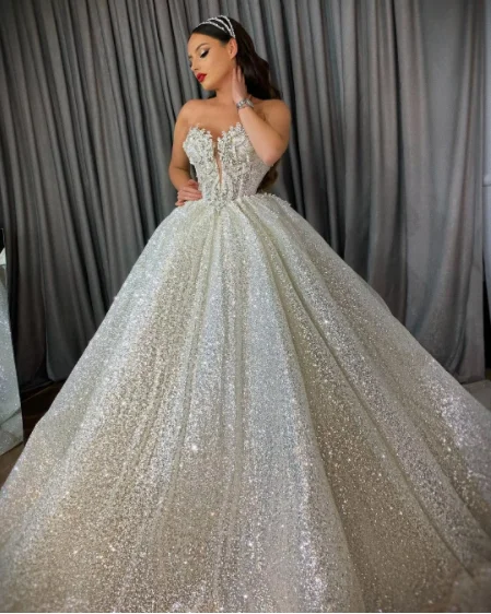 Robe De mariée à paillettes scintillantes, tenue De bal longue, col en V, perles De cristal, Organza