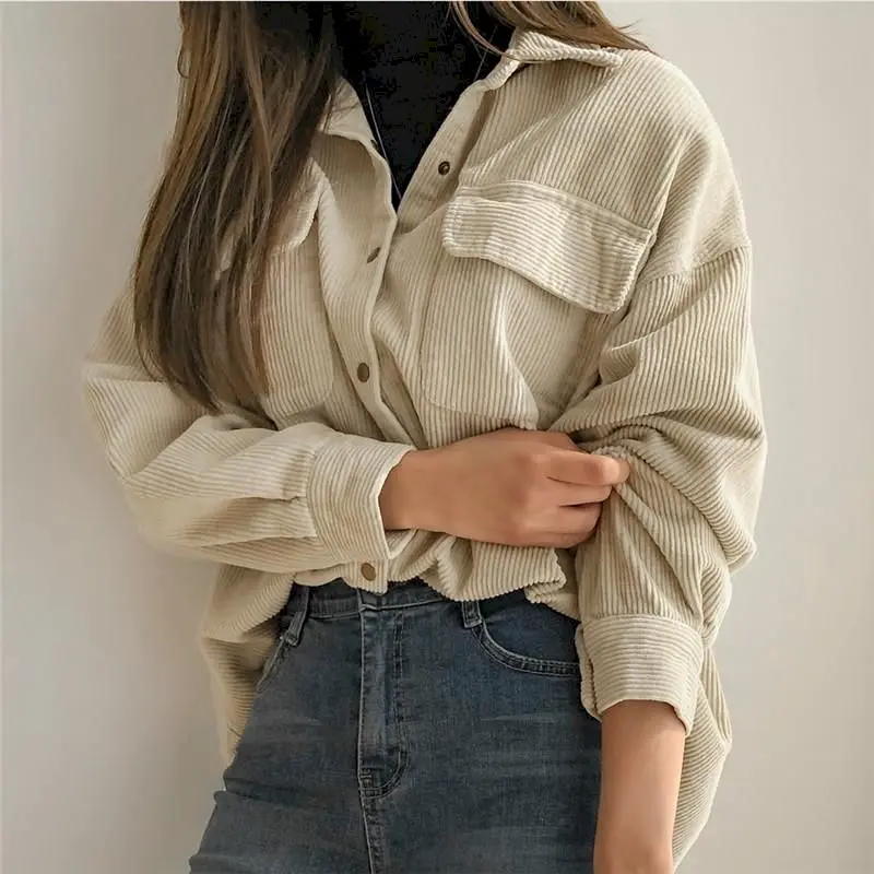 2024 Women's Corduroy Shirt Outer Wear Spring Autumn New Retro Hong Kong Style Mid-length Coat Female Wild Loose Corduroy Jacket