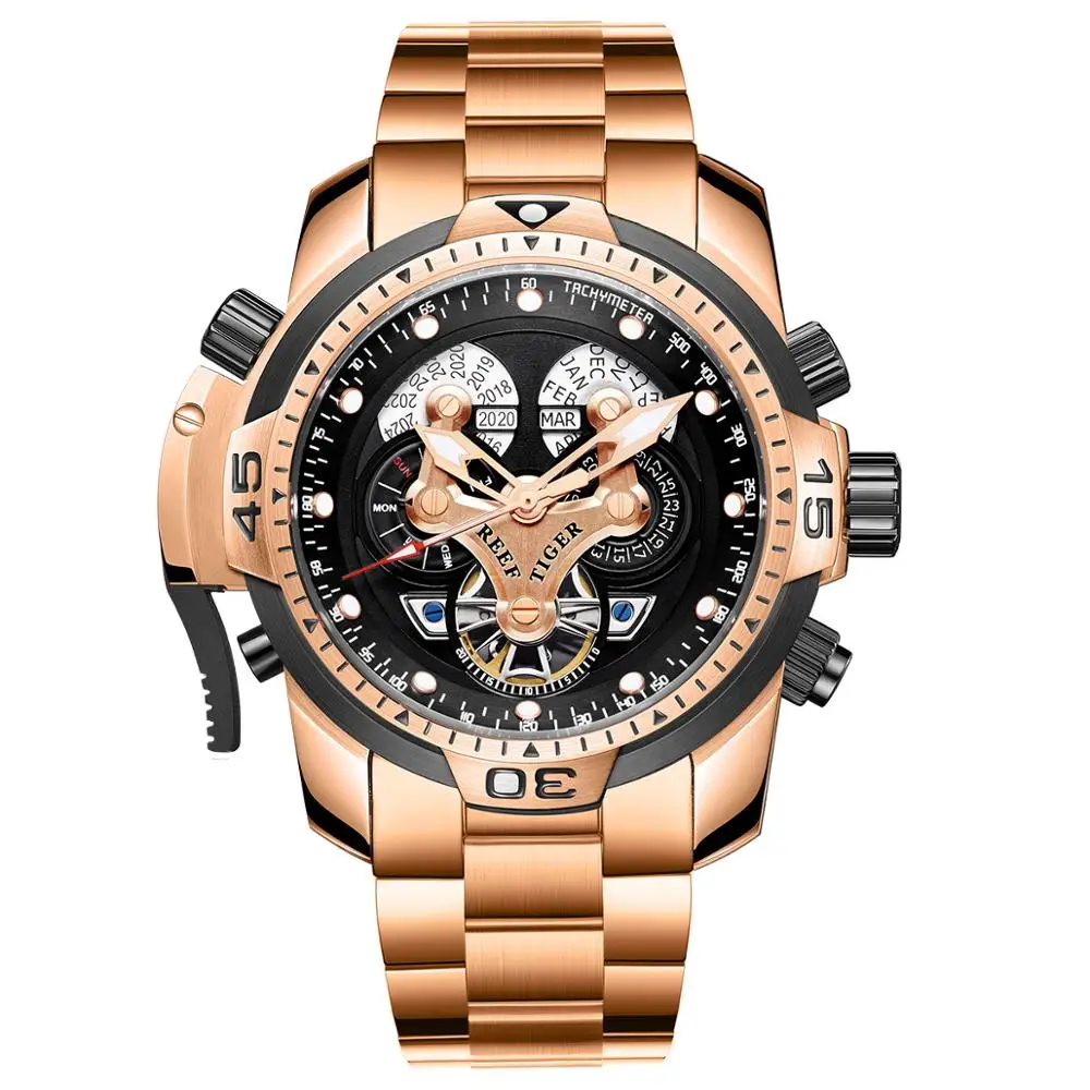 Reef Tiger Designer Sport Mens Watch Rose Gold Perpetual Calendar Date Day Complicated Mechanical Bracelet Big Watch RGA3503