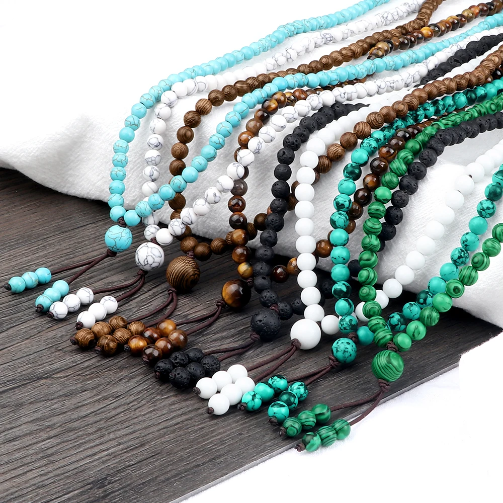 10 Styles 6MM 108 Beads Budda Necklace Bracelets Multilayer Charm Natural Stone Prayer Elastics  Bangles Jewelry Gift for Friend