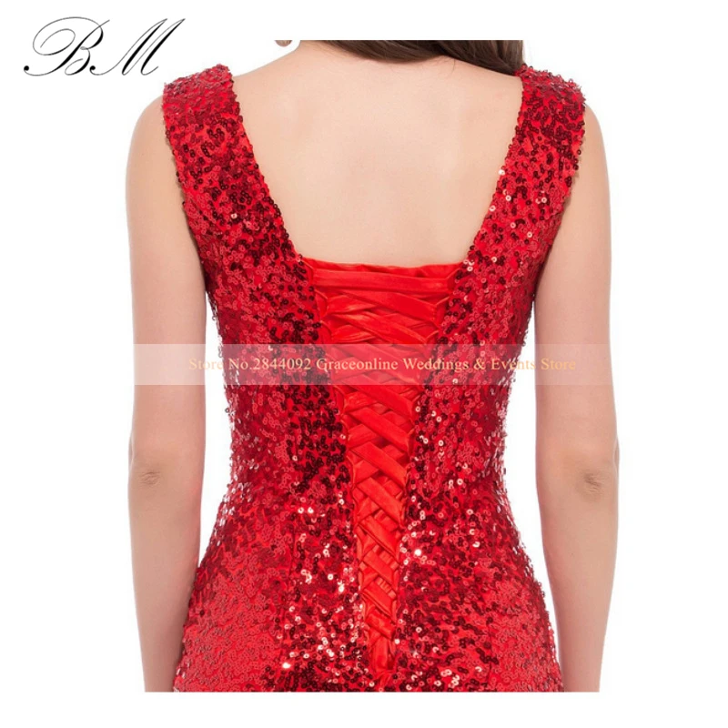 Elegant Red Yellow Sequin V Neck Prom Dresses 2021 Mermaid Lace Formal Party Evening for Women Robe De Soiree In Stock