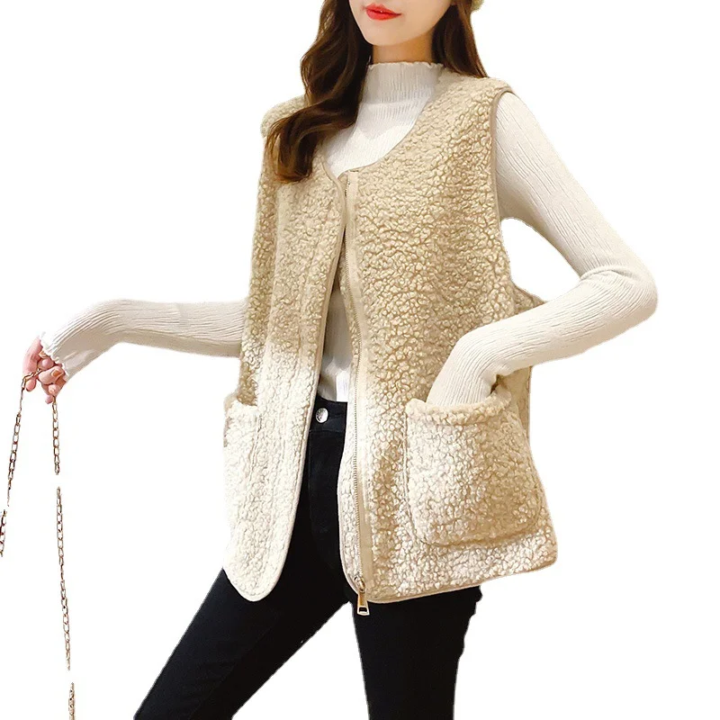 

New Short Lamb Velvet Waistcoat Casual Women's Knitted Vest Sleeveness 2021 Autumn Winter Pocket Cotton Coats Warm Female Vest