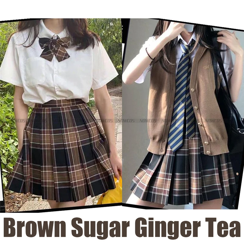 [Brown Sugar Ginger Tea] Mulheres JK Uniforme Escolar Longo/Manga Curta Verão Cintura Alta Xadrez Saias Plissadas Estudantes Roupas Meninas