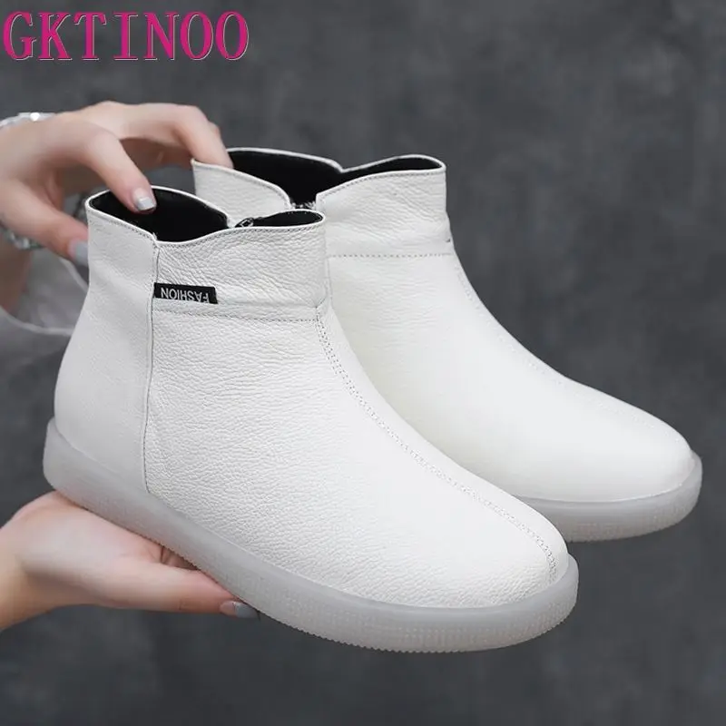 GKTINOO Genuine Cow Leather Women Ankle Boots Plush Warm White Flat Comfortable Booties Autumn Winter Shoes Large Size