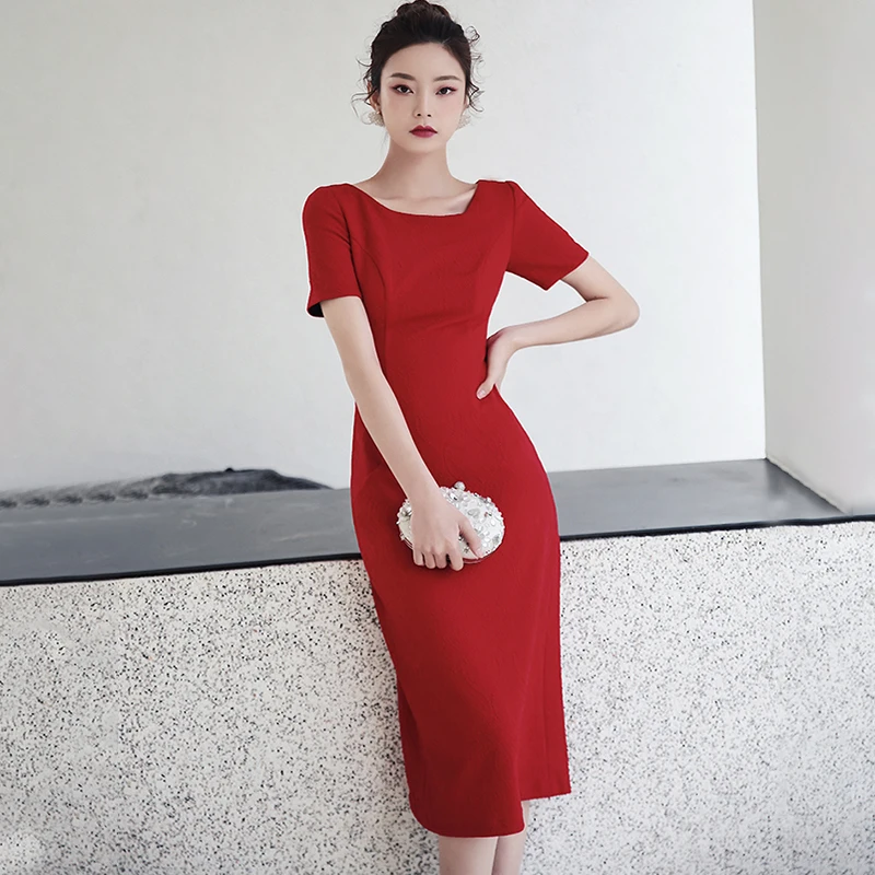 

Prom Gowns Simple Bows Red O-neck Short Sleeves Zipper Back Straight Tea-length Plus size Customized Woman Party Dresses A009