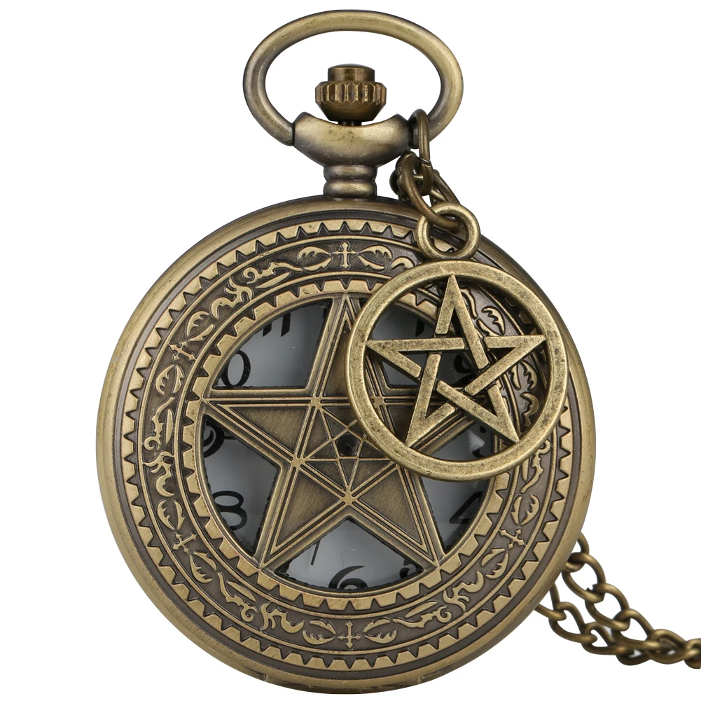 Brons Vintage Hollow Pentagram Patroon Quartz Horloge Legering Met Horloges Mannen Vrouwen Slim Chain Hanger Met Accessoire