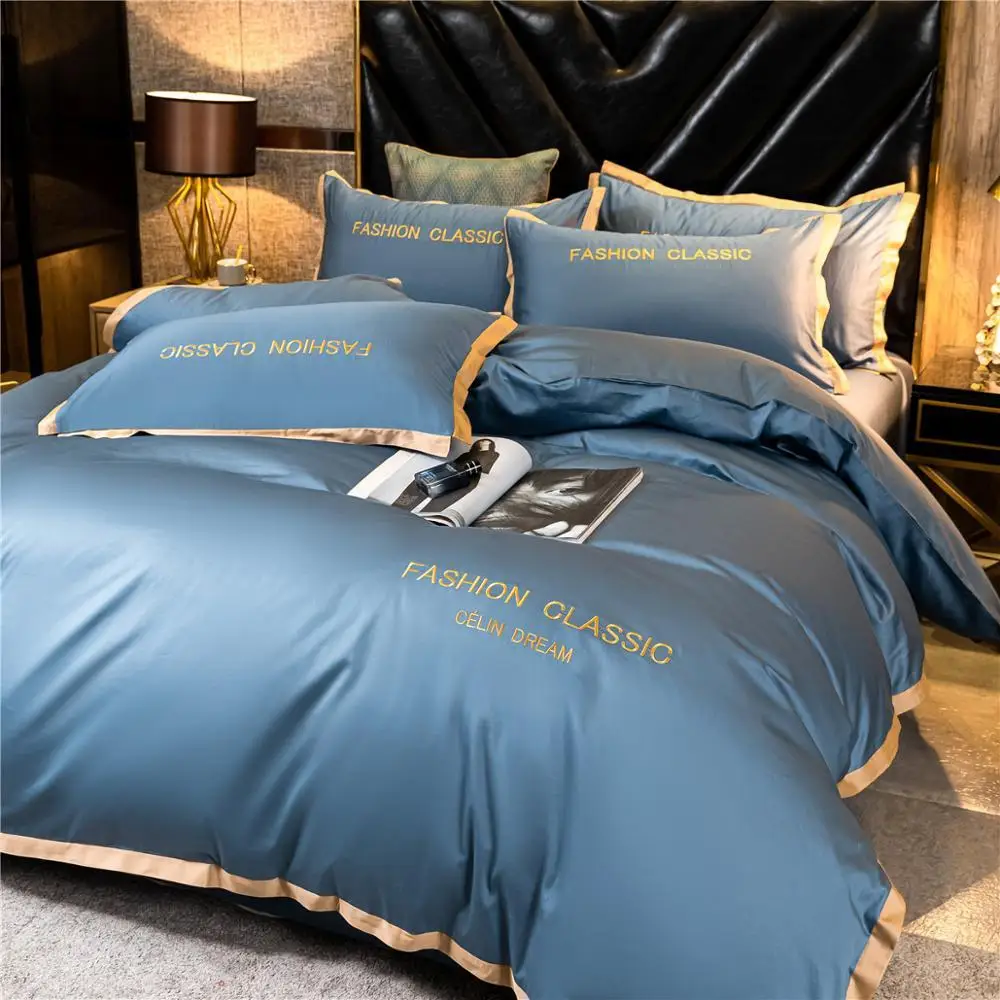 

High-end quality Egyptian cotton bedding set embroidered satin light luxury quilt cover duvet cover bed sheet pillowcases