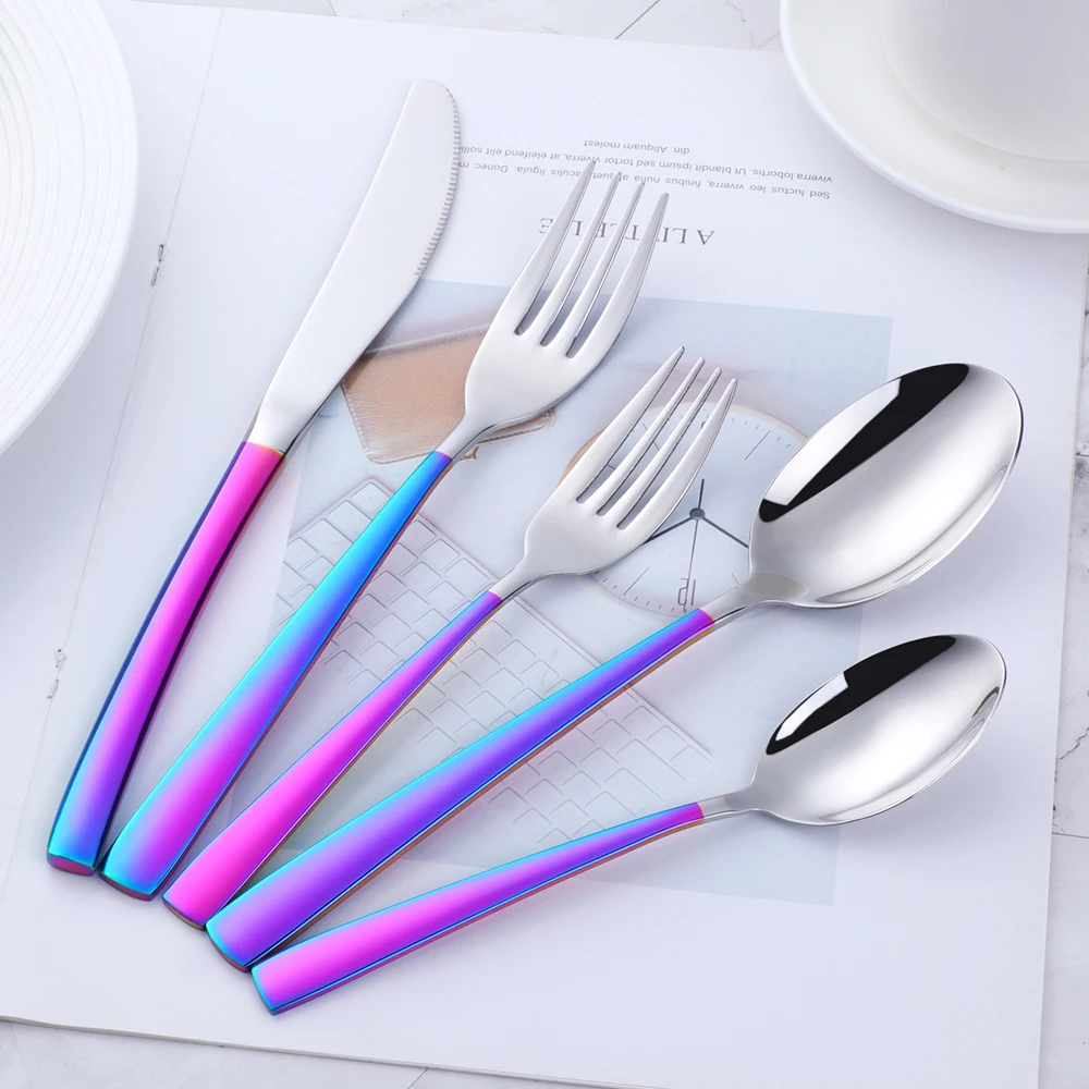 5/20Pcs Rainbow Dinner Set Wedding Travel Cutlery Set Stainless Steel Colorful Dinner Knife Fork Scoop Rainbow Dinnerware Set