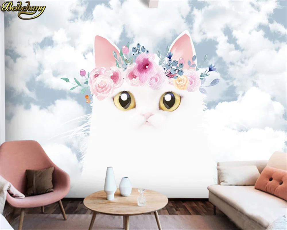 beibehang Custom wallpaper mural modern nordic cartoon cute kitten children room sky bedroom background wall papel de parede