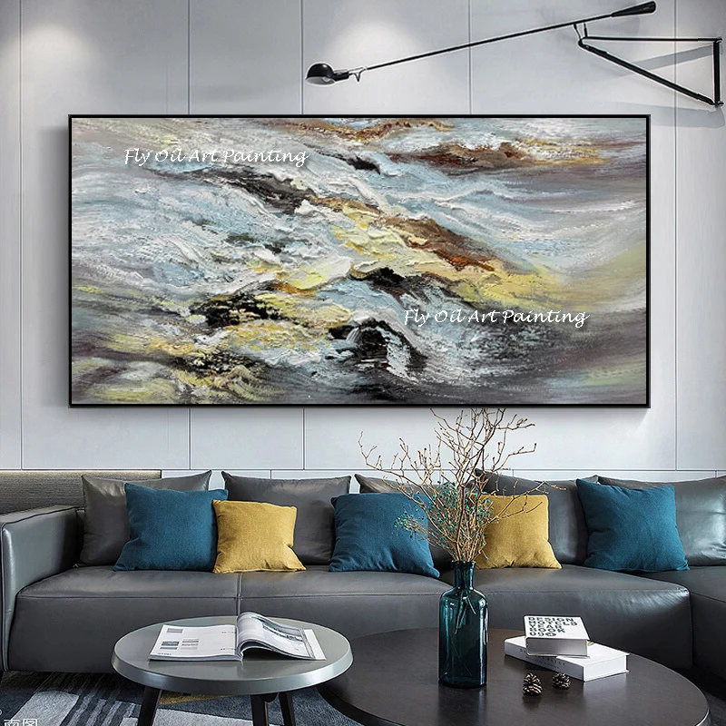 Large Size 100% Handmade Golden Blue Gray Wave Oil Painting For Living Room Abstract Wall Art Living Room Home Decor