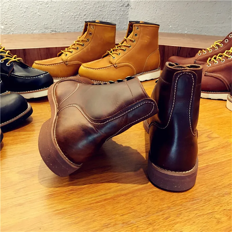 New Vintage Handmade Men Boots British High Quality Genuine Leather Ankle Boots Wings Autumn Winter Round Toe Motorcycle Boots