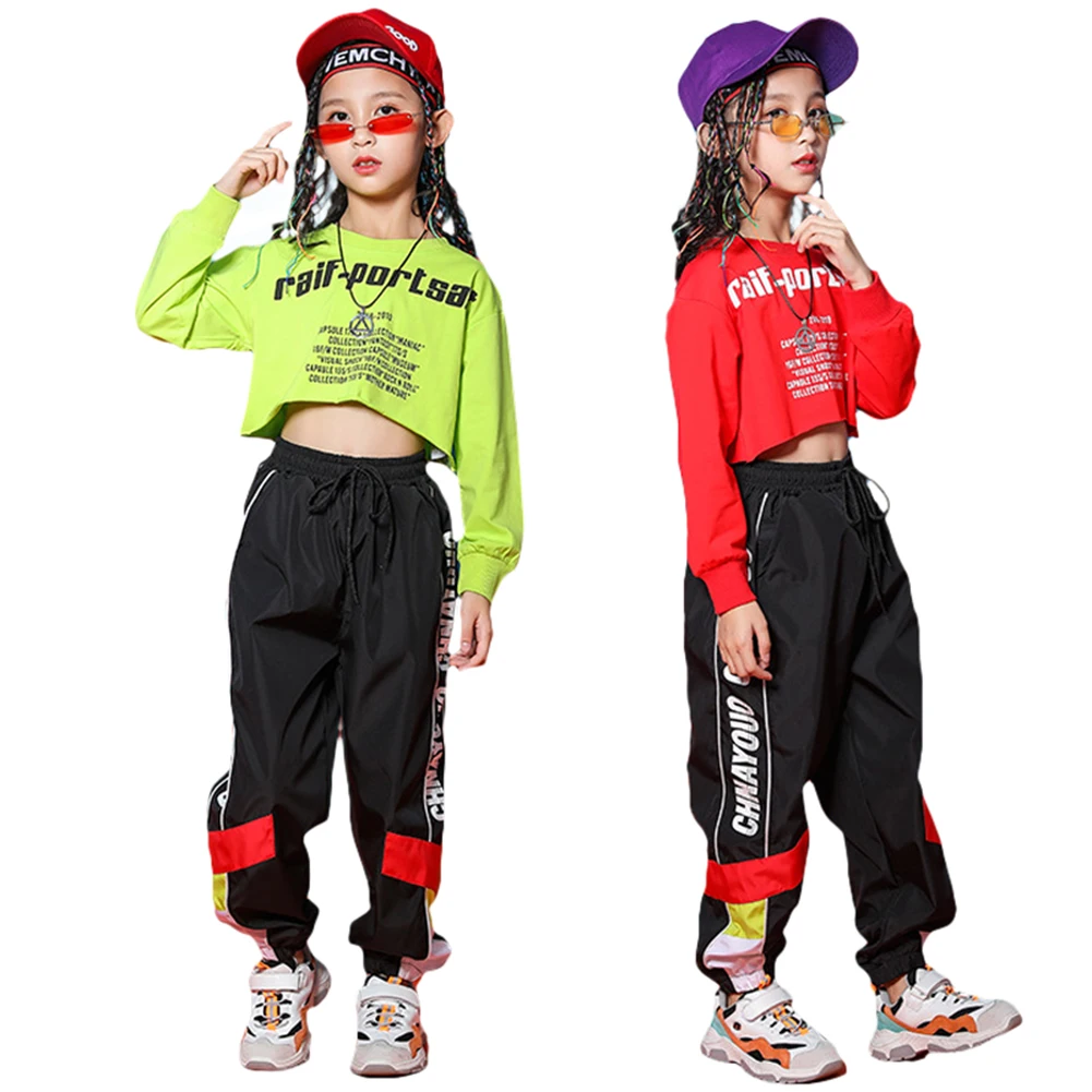 

Kids Girls Jazz Hip Hop Long Sleeve Letter Print Tshirt Top/ Pants Costume Girls Dance Contest Photography Clothes