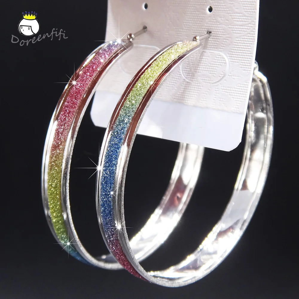 Fashion Hot Sale New Frosted Silver Rainbow Printed Women Large Big Hoop Earrings Party Jewelry Female Gift Earring Pendientes