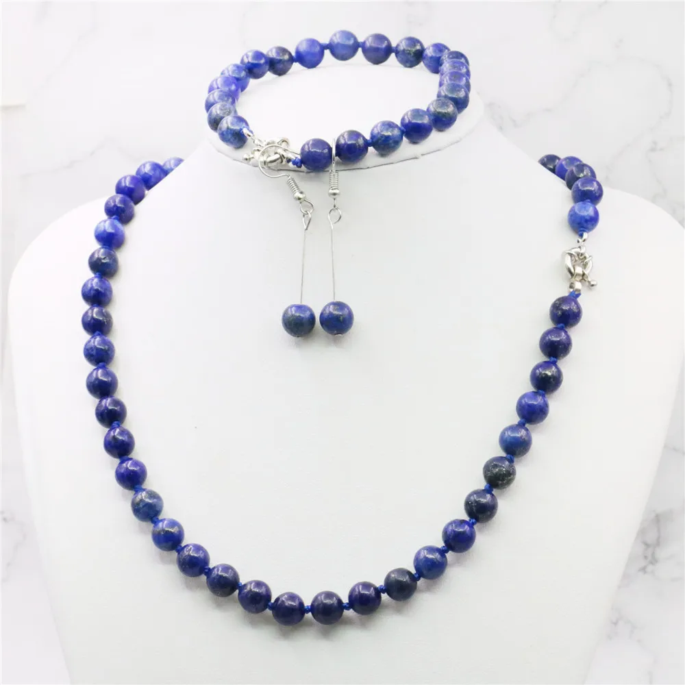 Jewelry set 8mm Egyptian Lapis Lazuli Round Beads necklace bracelet earrings Natural Stone Christmas gifts BV110 Wholesale Price