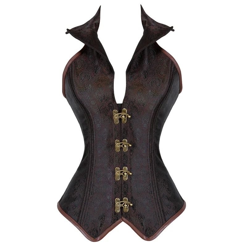 Vintage Steampunk Gothic Overbust Corset Women Sexy Jacquard Halter Brown Black Corset Top Body Shaping and Slimming Clothing