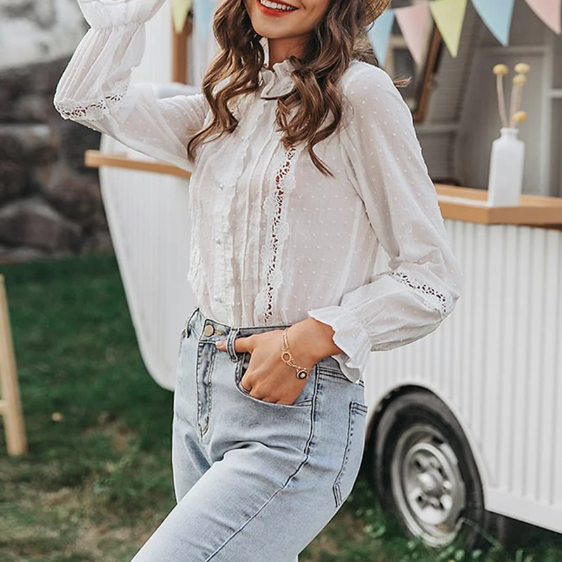 

Summer New Women Floral Lace Blouses Boho Long Sleeve White Top Ladies Ruffle Hollow Out Shirt Elegant Blouse Streetwear Fashion