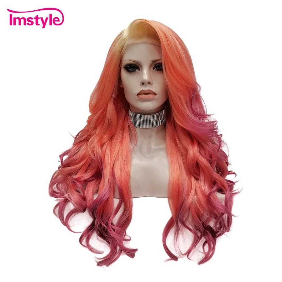 Imstyle Synthetische Lace Front Pruik Ombre Oranje Rode Pruiken Voor Vrouwen Hittebestendige Vezel Lange Golvende Multicolor Pruiken