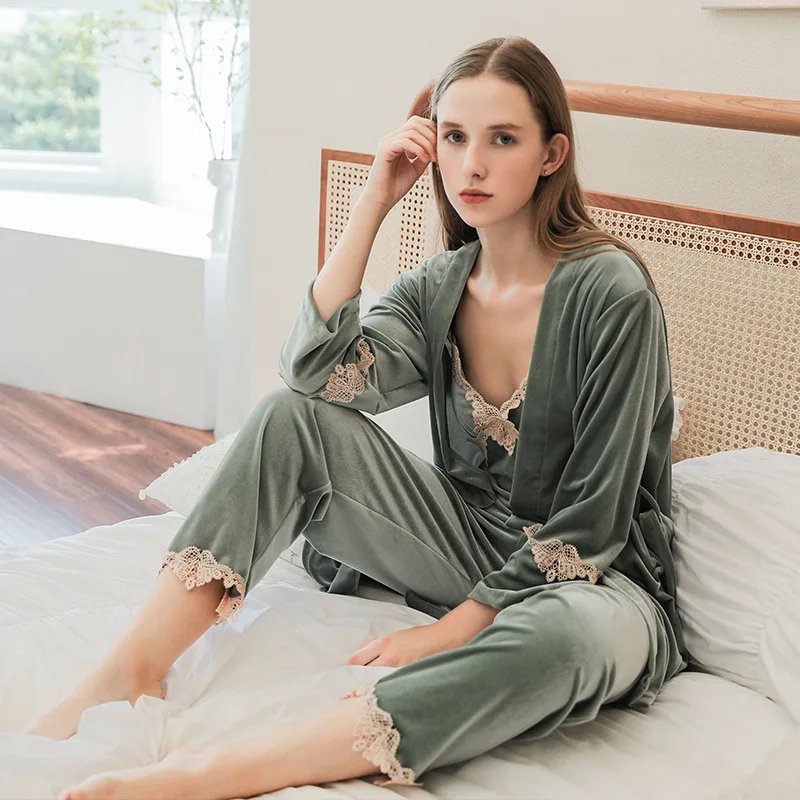 Sanderala 3 Pcs Women Sexy Pajamas Set V-neck Nightgown Plus Size Warm Sleepwear Ladies Bathrobe Multi Lingerie Robe Sets