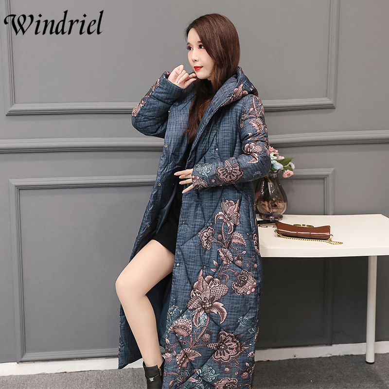 Windriel Oversized Loose Parkas Lady Print High Street Long Coats Women Cotton Padded Clothing Outerwear Hooded Jackets