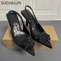 SUOJIALUN 2022 New Spring Fashion Crystal Buckle Sandals Women Thick High Heels Pointed Toe Slingback Shoes Elegant Slip On Mule