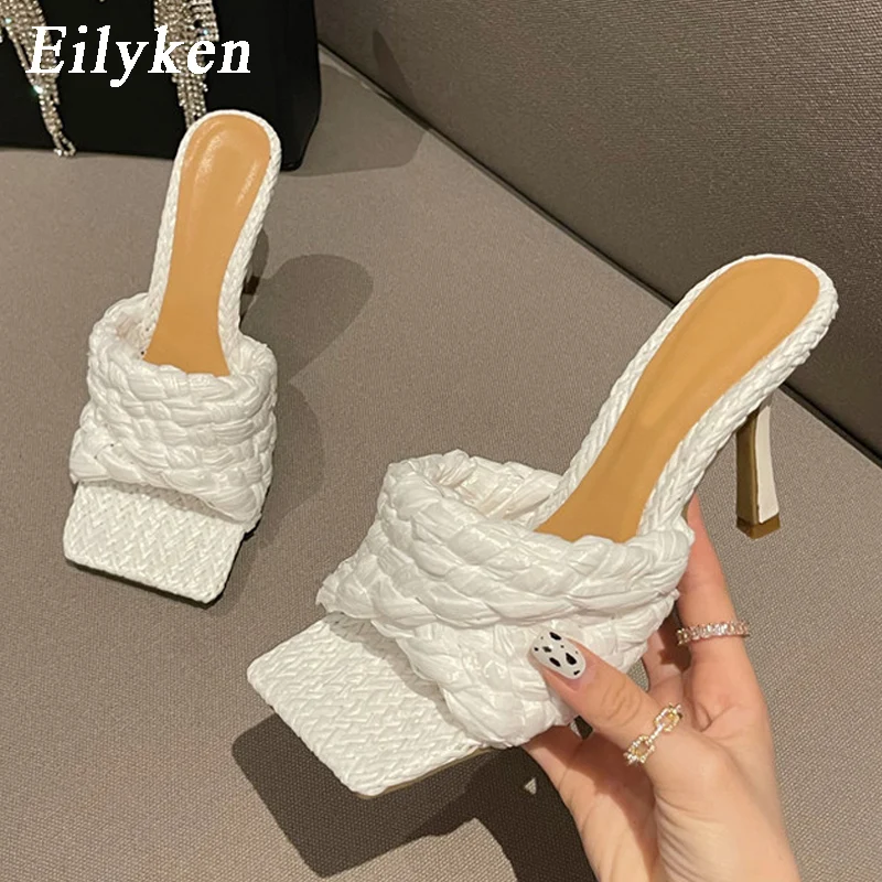 Eilyken 2024 New Summer Slipper Fashion Weave Slides Ladies Elegant Thin High Heel Outdoor Women Sandals Shoes Plus Size 40