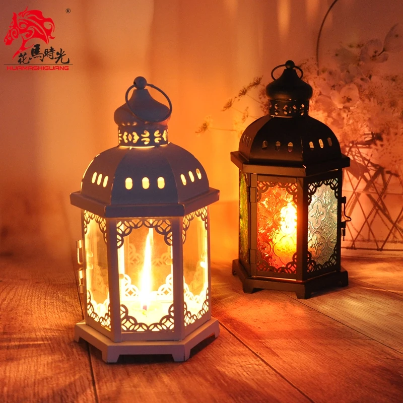 European-Style Moroccan Wrought Iron Glass Candleholder Storm Lantern Mediterranean Simple Home Decorative Candlestick