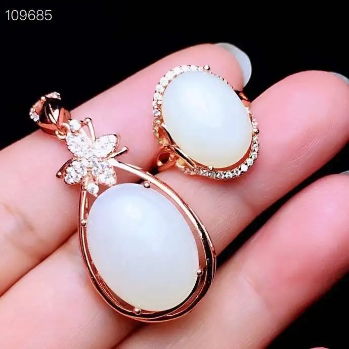 KJJEAXCMY fine jewelry natural White jade 925 sterling silver women pendant necklace chain ring set support test beautiful