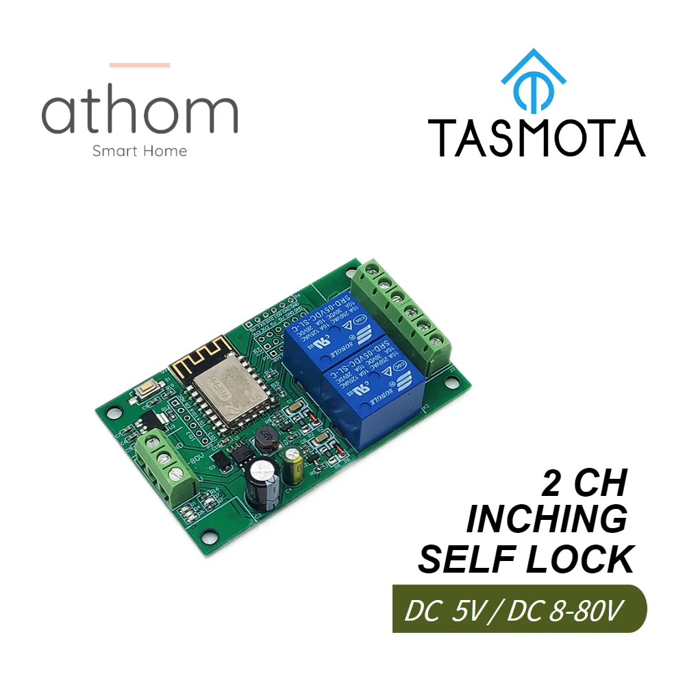 ATHOM ESPHome 2CH WiFi Relay Module Inching Switch Self-locking Entry Access Gate Control DC 5V 12V 8V-80V