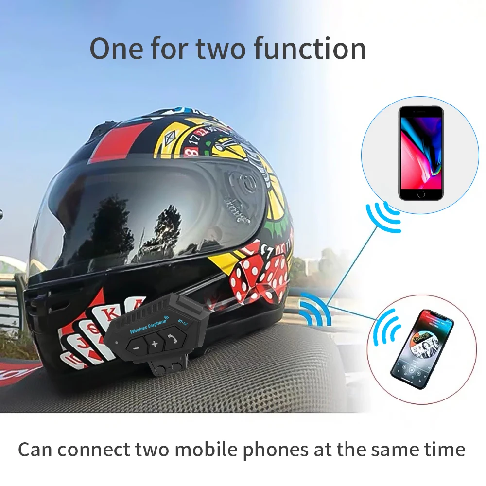 Kebidumei BT12 Motorcycle Bluetooth 5.0 Helmet Earphone Wireless Headset Hands-free call Kit Stereo Anti-interference Headphone