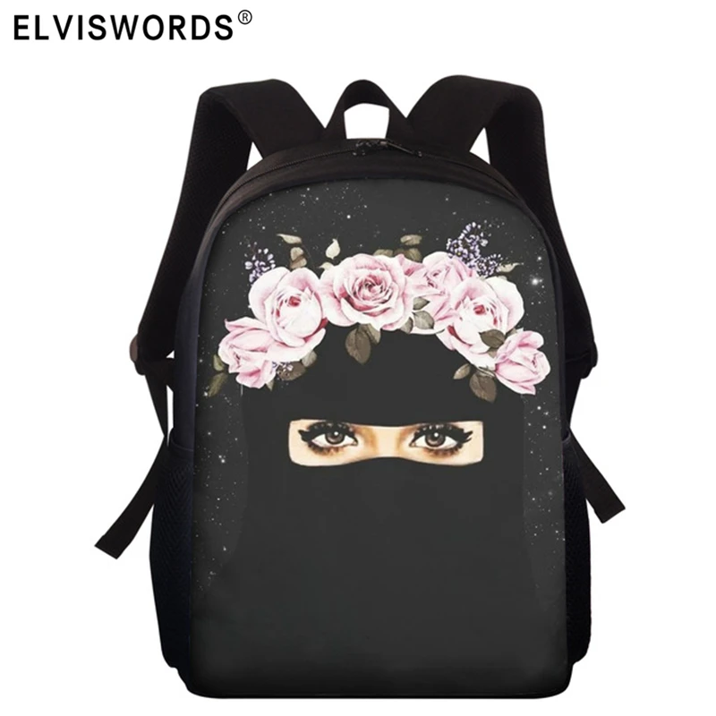 ELVISWORDS-Bolsos de escuela primaria para niñas y niños, Hijab con estampado de ojos para chicas islámicas musulmanas, Mochila para libros