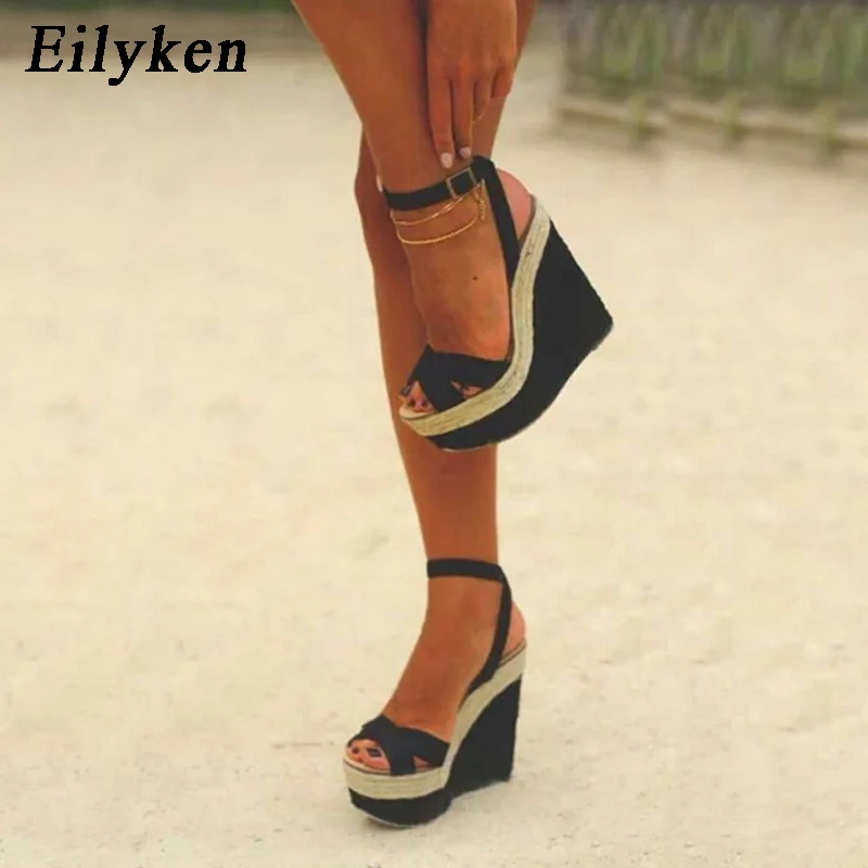 Eilyken Fashion Summer Peep Toe Sandals Women Shoes Buckle Ankle Strap Leisure Platform Wedges High Heels 15CM