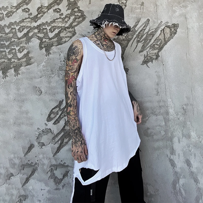 Abstinence trend loose sleeveless T-shirt men's all-match basic solid color hem hole bottoming vest waistcoat handsome