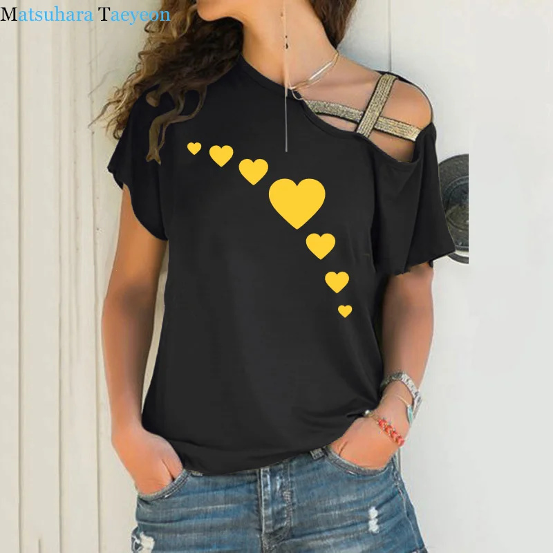 

Heart Fall Valentine's Day clothing cotton unisex shirt red letter print women tshirt Irregular Skew Cross Bandage top tee