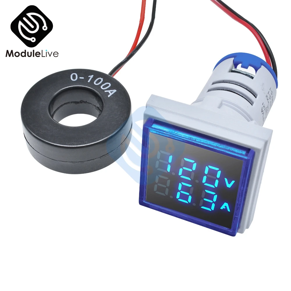 22MM  1-100A AC 50-500V 20-75Hz Digital Voltmeter Ammeter Voltage Current Meter Detector Blue Square Tester 220V Tools