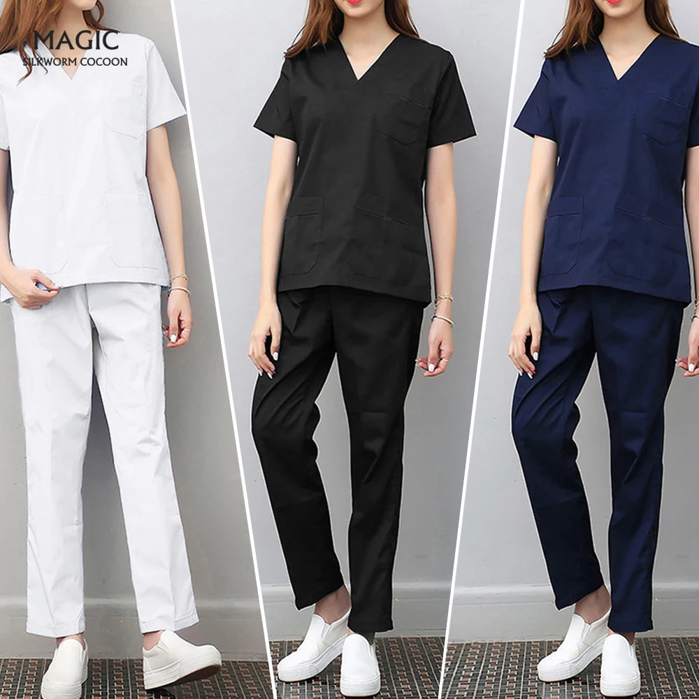 

2pcs Scrubs Set Spa Uniforms Health Workers Uniform Clothing Beautician Work Clothes Scrubs Tops Pants Unisex Women Men Workwear