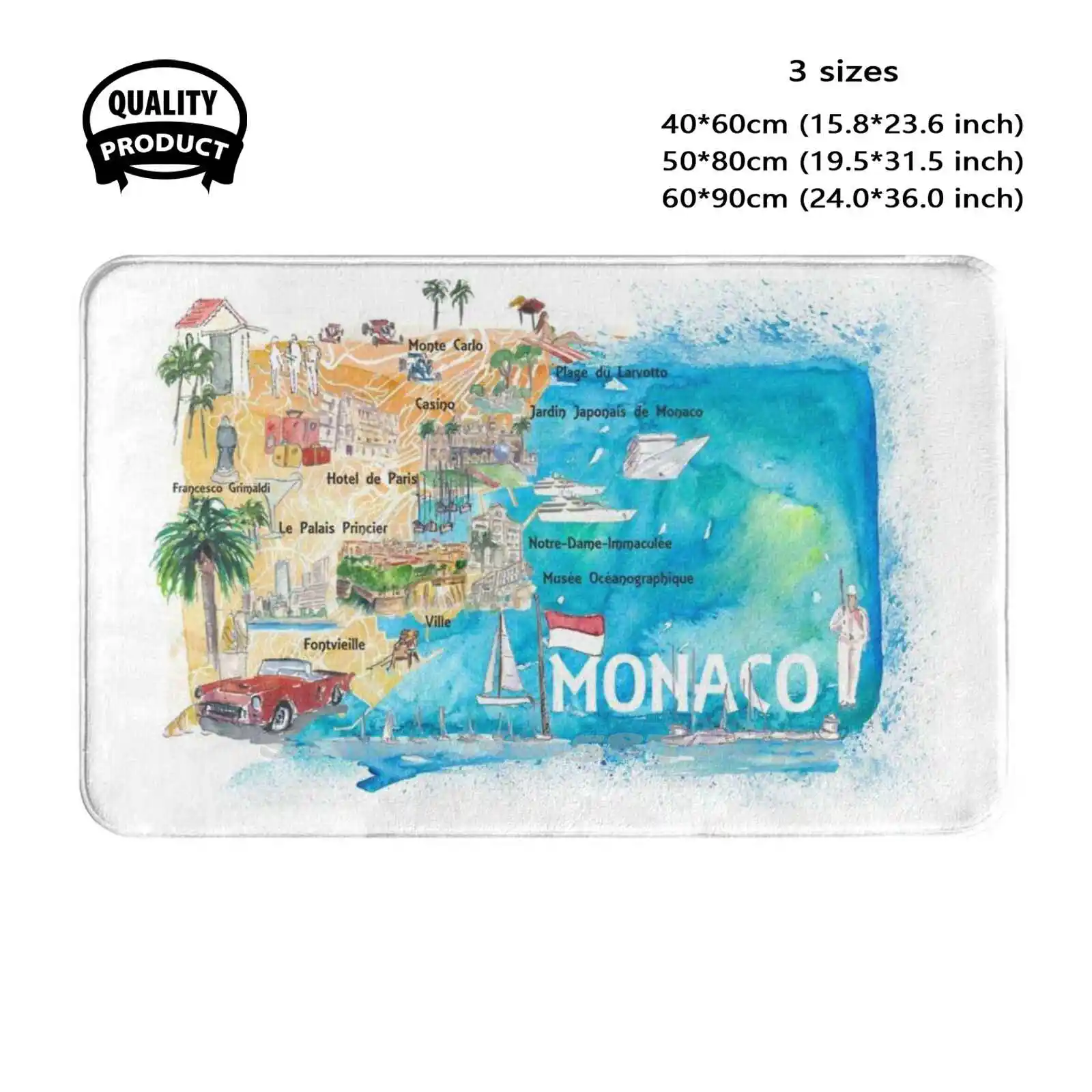 Monaco Monte Carlo Illustrated Map With Landmarks And Highlights Soft Cushion Home Carpet Door Mat Car Rug Monaco Map Monaco