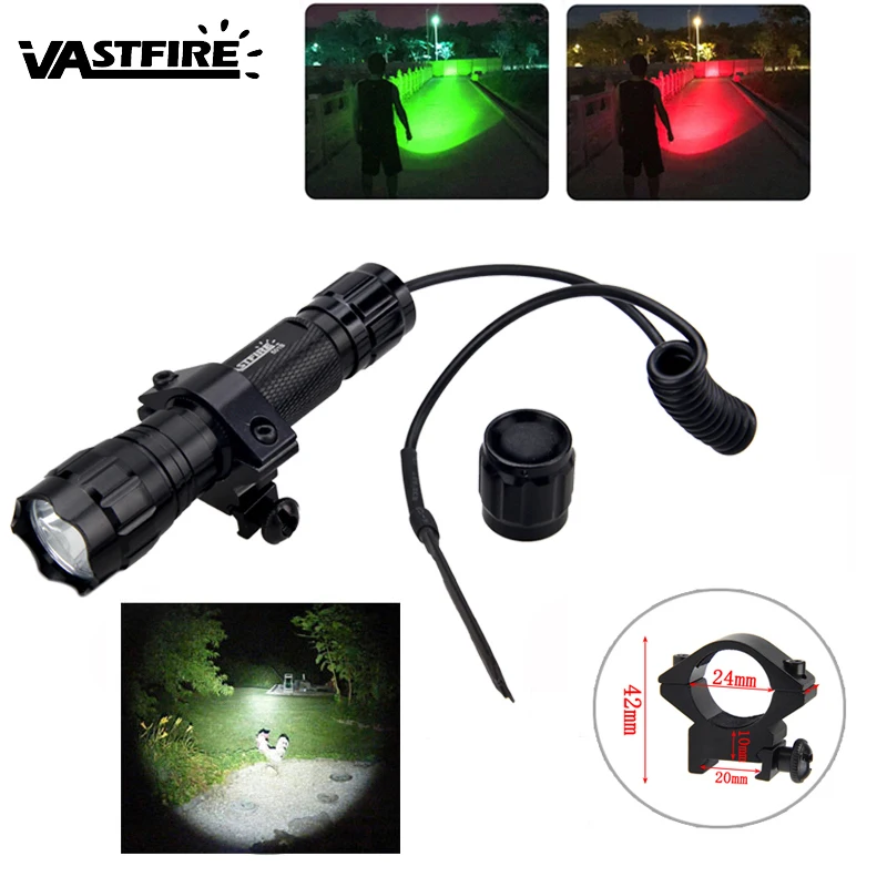 White/Green/Red LED Tactical Hunting Flashlight ON/OFF Mode Military Torch with Rifle Mount + Remote Pressure Switch