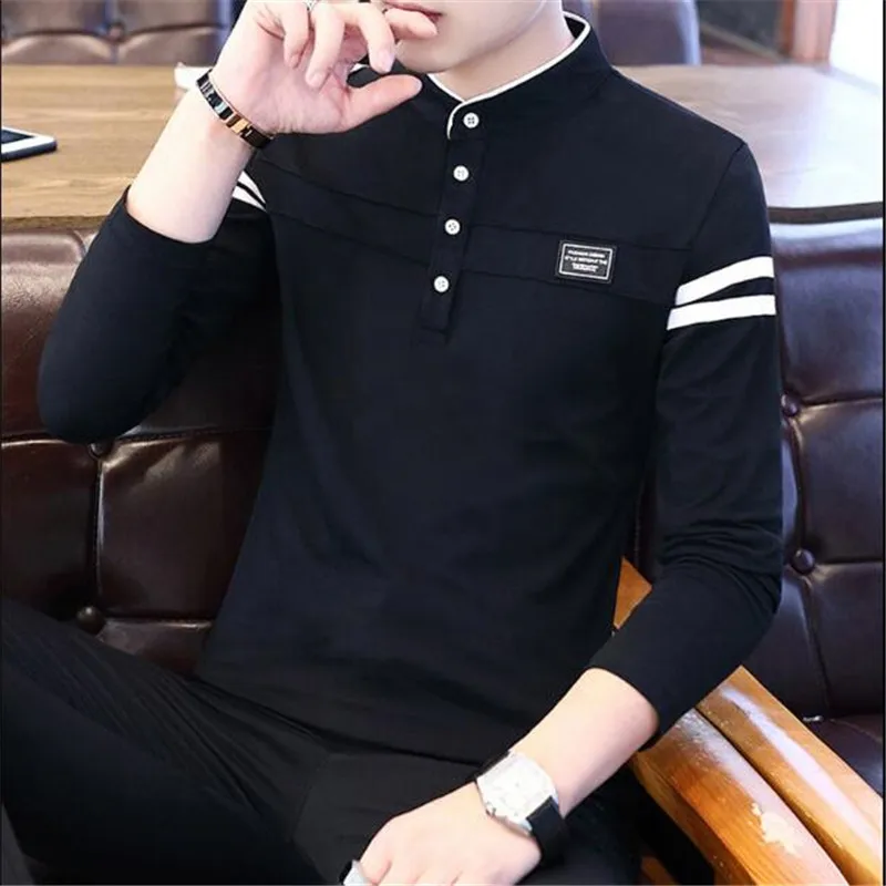 Men Long Sleeve Polo Shirt Cotton Autumn Casual Fashion Male Striped Shirts Black White Red