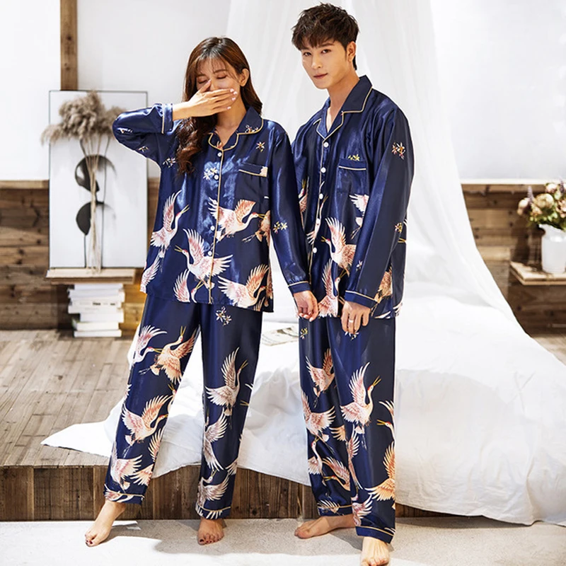 2PCS Lovers Pajamas Sets Women And Men Long Sleeve Long Pants Sleepwear Suit Silky Satin Home Wear Sexy Wedding Home Clothes