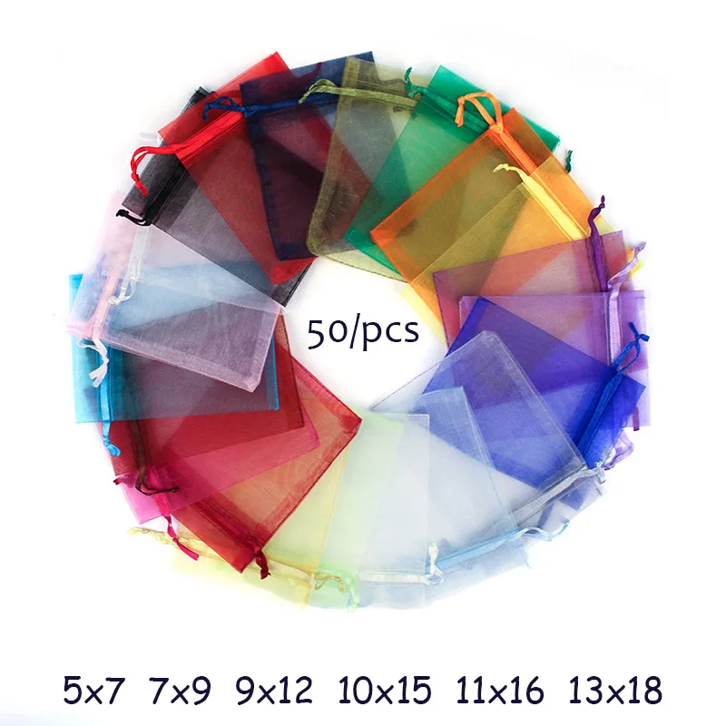 50 Uds. Bolsa de joyería de Organza de varios tamaños en 24 colores, bolsa de Organza para regalo de boda, bolsas de Organza dibujables, bolsa de regalo de Navidad